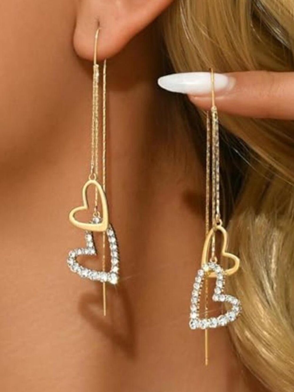 Gold Tone Crystal Heart Dangle Earrings Long Chain Threader Drop Earrings
